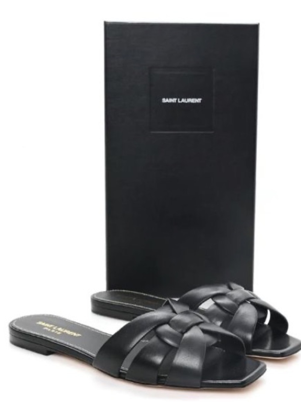 Saint Laurent Black Leather Woven Slide Sandals with Gold Logo Insole